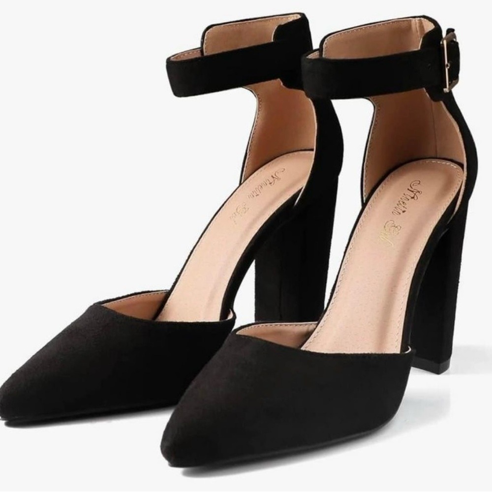 NEW Ninetin Gel Sole Black Vegan Suede Ankle Strap Block Heel Size 7.5 Black - Picture 3 of 7